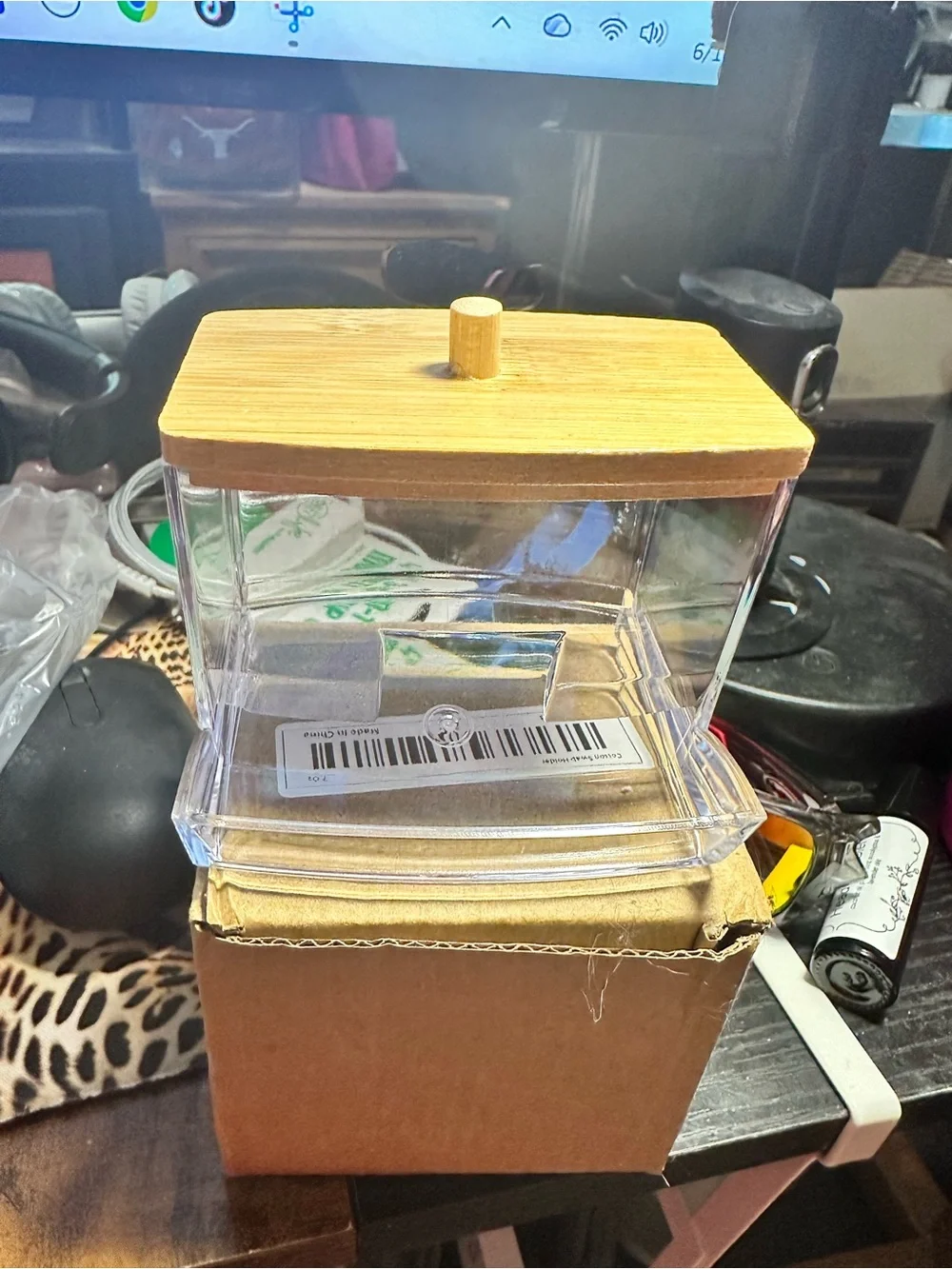 Acrylic Cotton Swab and Q-Tip Dispenser with Bamboo Lid